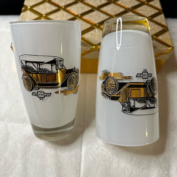 2 EUV Gay Fad Frosted Highball Glasses w/1912 Chevy Image In Black & 22k Gold - Picture 5 of 10